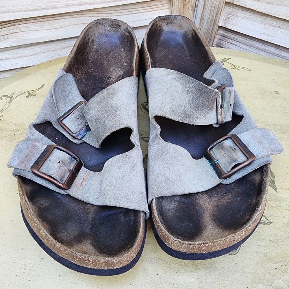 Betula Birkenstock EU 43 US 10 10.5 Grey Suede Slide Sandals Double Strap Buckle